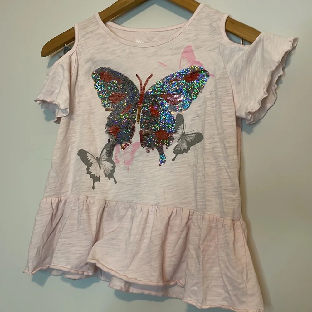 Epic Threads Reversible Sequin Butterfly Cold Shoulder Pink Shirt Sz XL